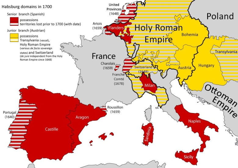 Mapa posiadłości dynastii Habsburgów w Europie, 1700
