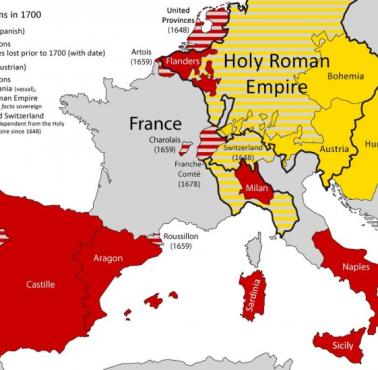 Mapa posiadłości dynastii Habsburgów w Europie, 1700