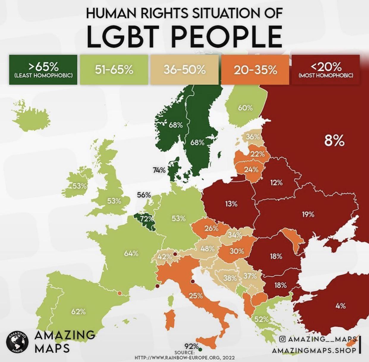 Najbardziej i najmniej tolerancyjne kraje dla ideologii LGBT w Europie, 2022