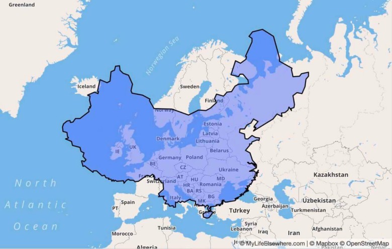 Realny rozmiar Chin na tle Europy