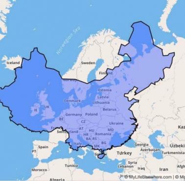 Realny rozmiar Chin na tle Europy