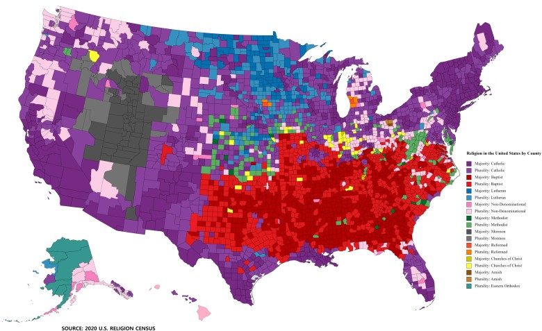 Dominujące religie w hrabstwach USA, 2020