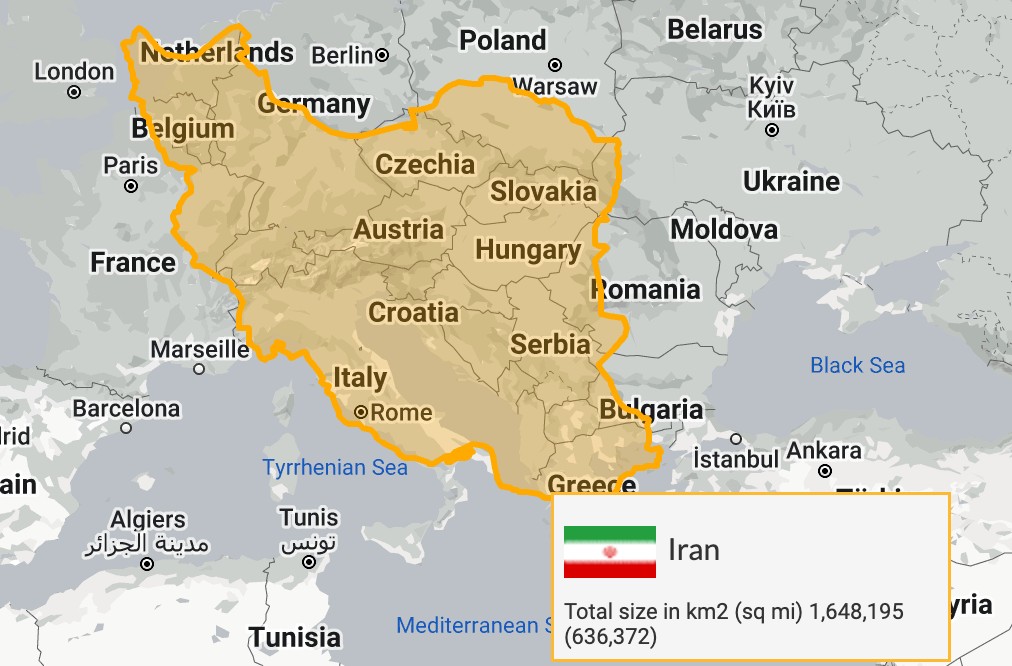 Rozmiar Iranu na tle Europy