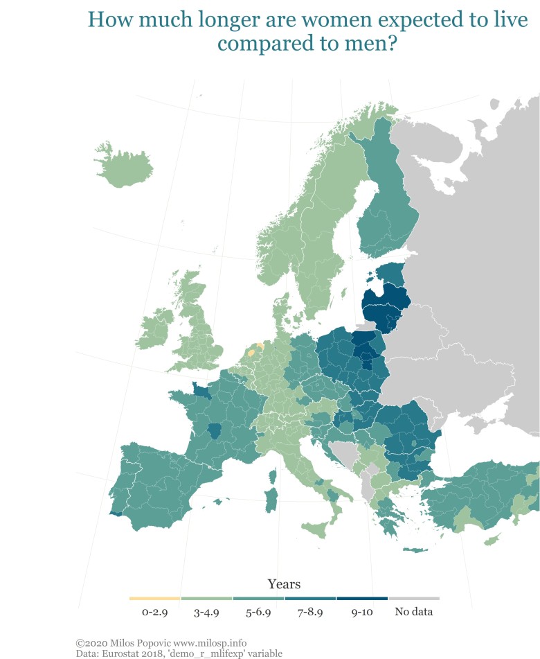 Jak długo żyją kobiety w porównaniu z mężczyznami po urodzeniu, Europa, 2018