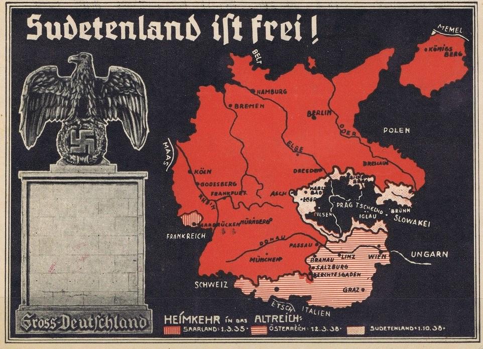 Sudety są wolne! - Niemiecka pocztówka nawiązująca do referendum w Saarze w 1935 r., Anschlussu i układu monachijskiego