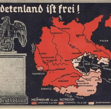 "Sudety są wolne! - Niemiecka pocztówka nawiązująca do referendum w Saarze w 1935 r., Anschlussu i układu monachijskiego
