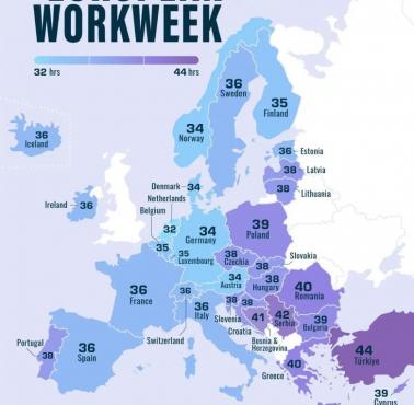 Ile godzin tygodniowo pracuje średnio mieszkaniec danego kraju w Europie, 2023