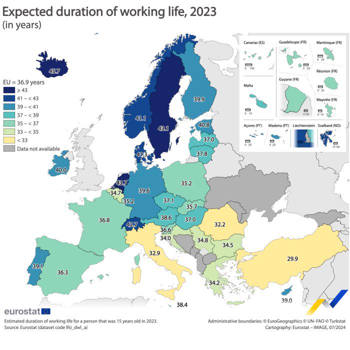 Jak długo pracuje się na emeryturę w poszczególnych europejskich państwach, 2023