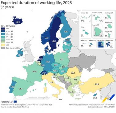 Jak długo pracuje się na emeryturę w poszczególnych europejskich państwach, 2023