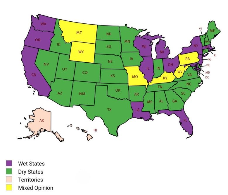 Mapa stanów objętych prohibicją w USA przed 1920 r.