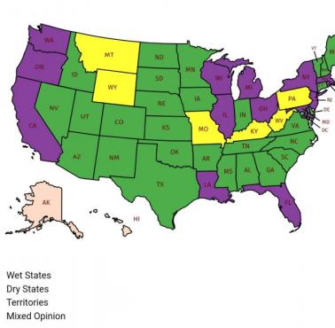 Mapa stanów objętych prohibicją w USA przed 1920 r.
