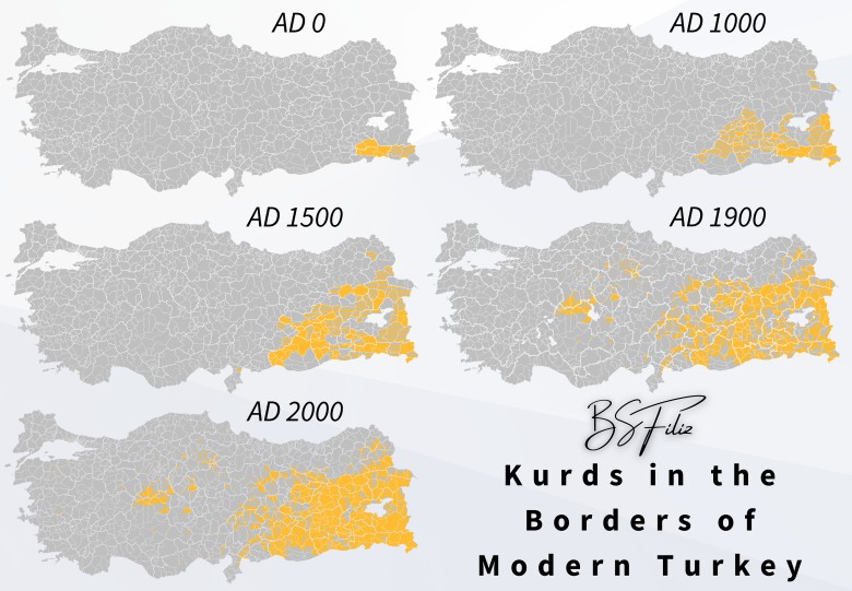 Diaspora Kurdów w granicach współczesnej Turcji, 0,1000,1500,1900,2000 roku