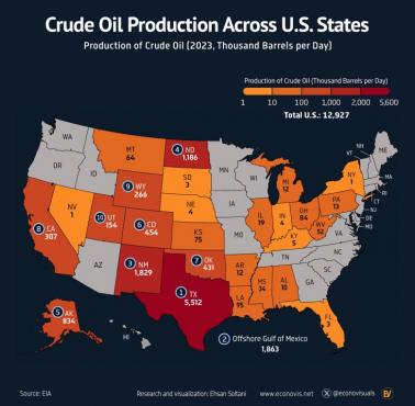 Produkcja ropy naftowej w poszczególnych stanach USA, 2023