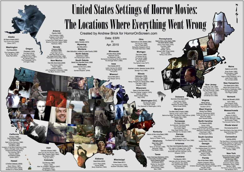 Mapa USA pokazująca, gdzie rozgrywały się akcje popularnych horrorów