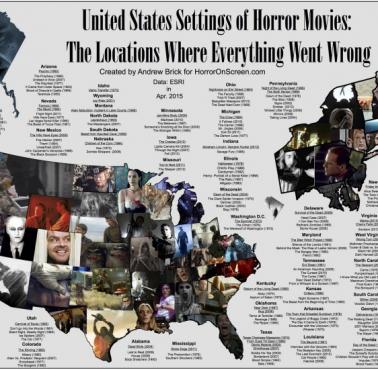Mapa USA pokazująca, gdzie rozgrywały się akcje popularnych horrorów