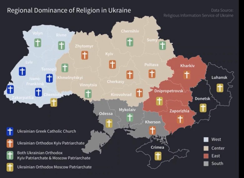 Mapa dominujących religii na Ukrainie przed 2022 rokiem z podziałem na największe jednostki administracyjne