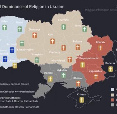 Mapa dominujących religii na Ukrainie przed 2022 rokiem z podziałem na największe jednostki administracyjne