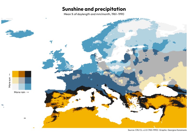 Średnie usłonecznienie i opady w Europie w latach 1961-1990