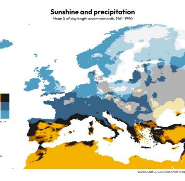 Średnie usłonecznienie i opady w Europie w latach 1961-1990