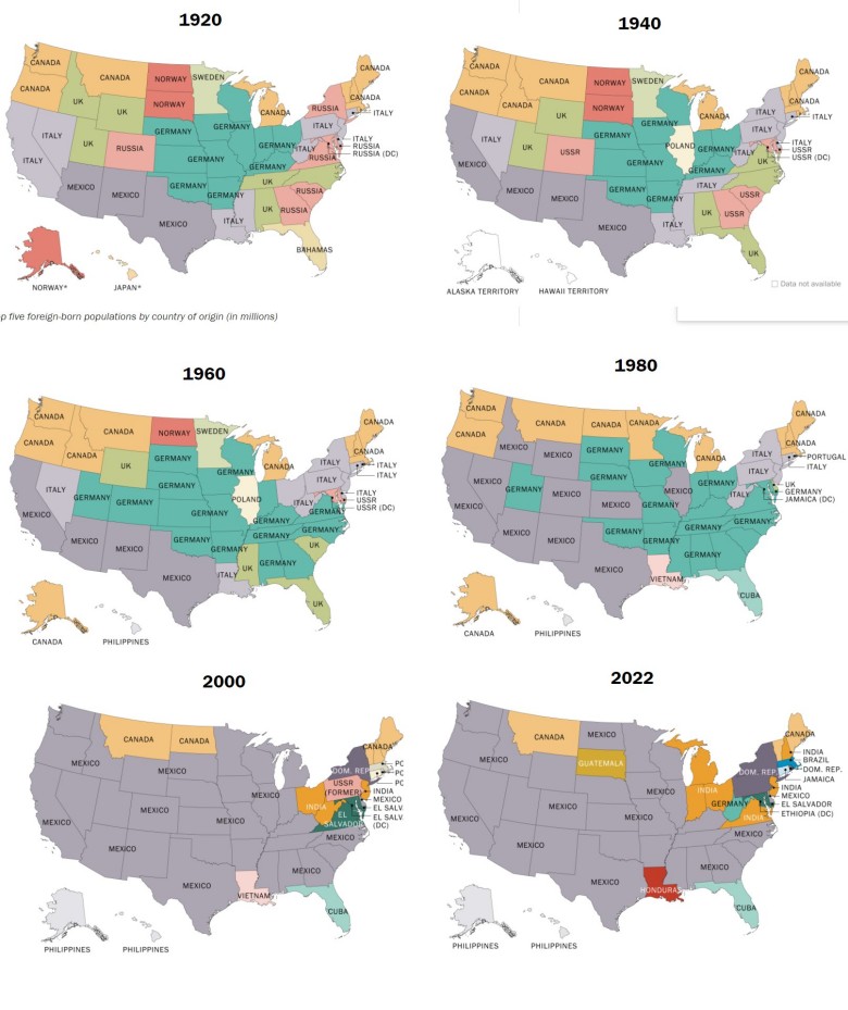 Kraj urodzenia imigrantów w USA z podziałem na stany, 1920, 1940, 1960, 1980, 2000, 2022