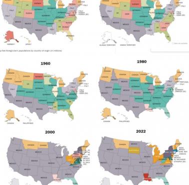 Kraj urodzenia imigrantów w USA z podziałem na stany, 1920, 1940, 1960, 1980, 2000, 2022