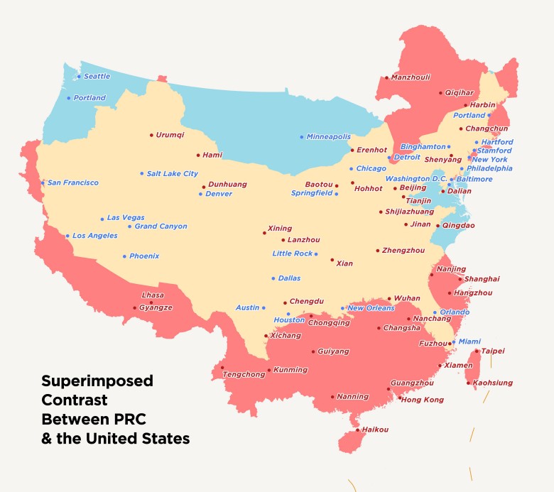 Realny rozmiar Chin na tle USA z porównaniem rozkładu największych miast