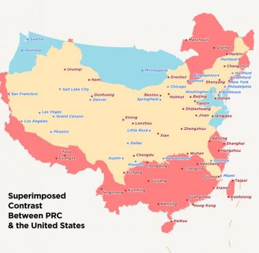 Realny rozmiar Chin na tle USA z porównaniem rozkładu największych miast