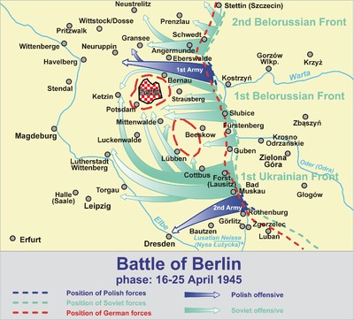 Mapa głównych kierunków operacyjnych w bitwie o Berlin, 1945