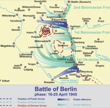 Mapa głównych kierunków operacyjnych w bitwie o Berlin, 1945