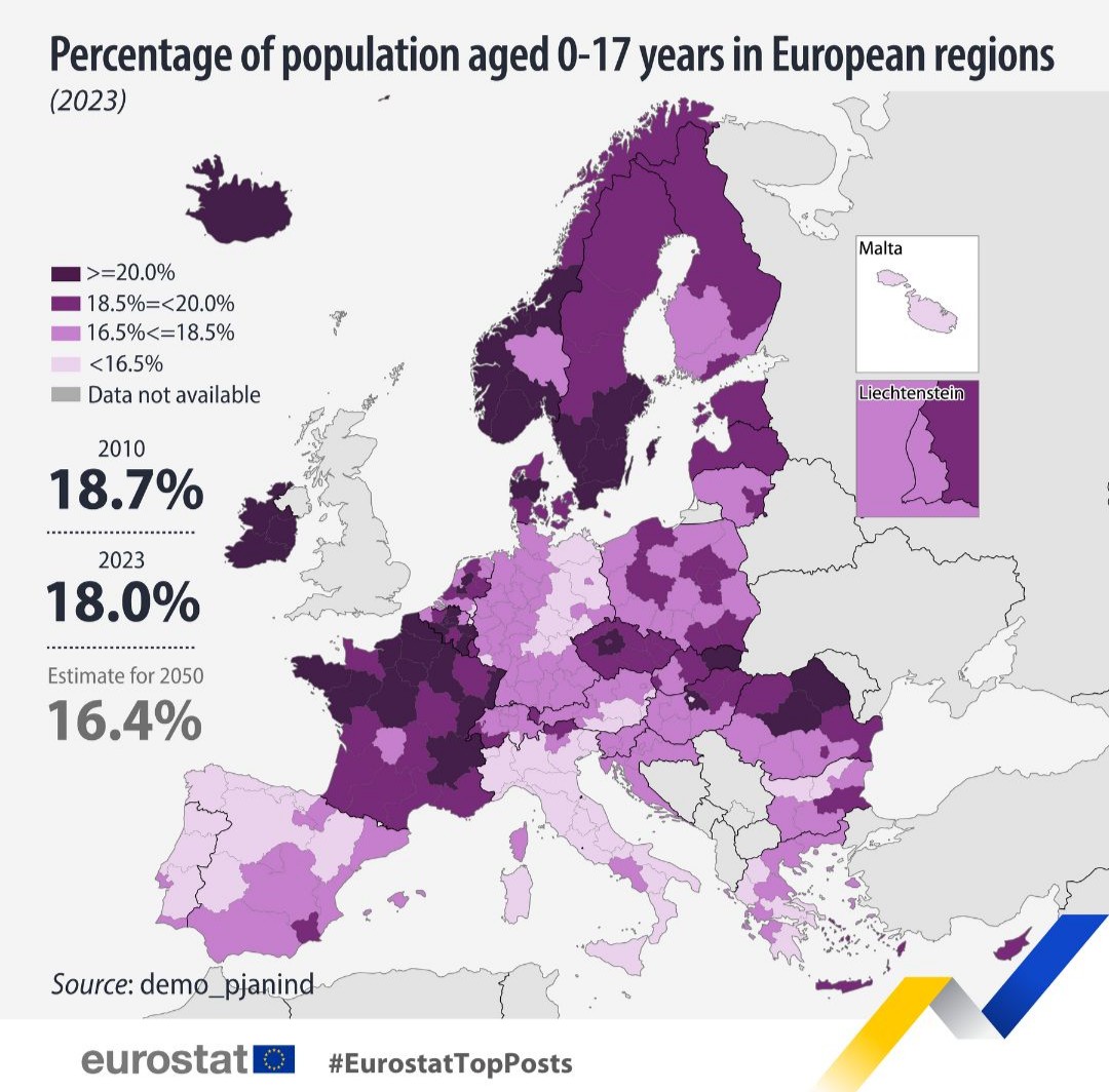 Odsetek dzieci (0-17) w poszczególnych europejskich państwach z podziałem na największe jednostki administracyjne, 2023