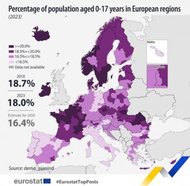 Odsetek dzieci (0-17) w poszczególnych europejskich państwach z podziałem na największe jednostki administracyjne, 2023