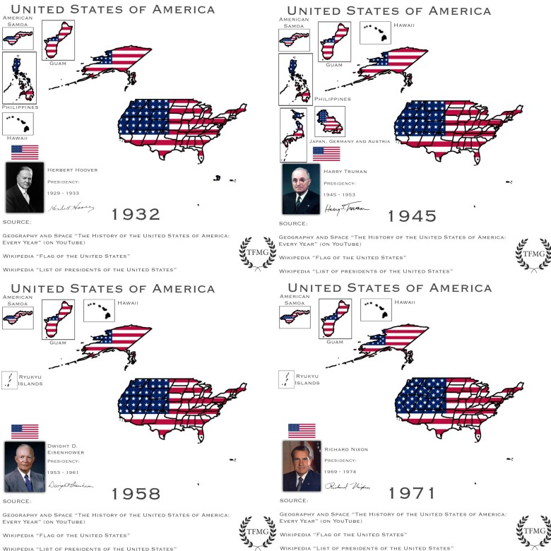 Ekspansja terytorialna USA 1932, 1945, 1958, 1971