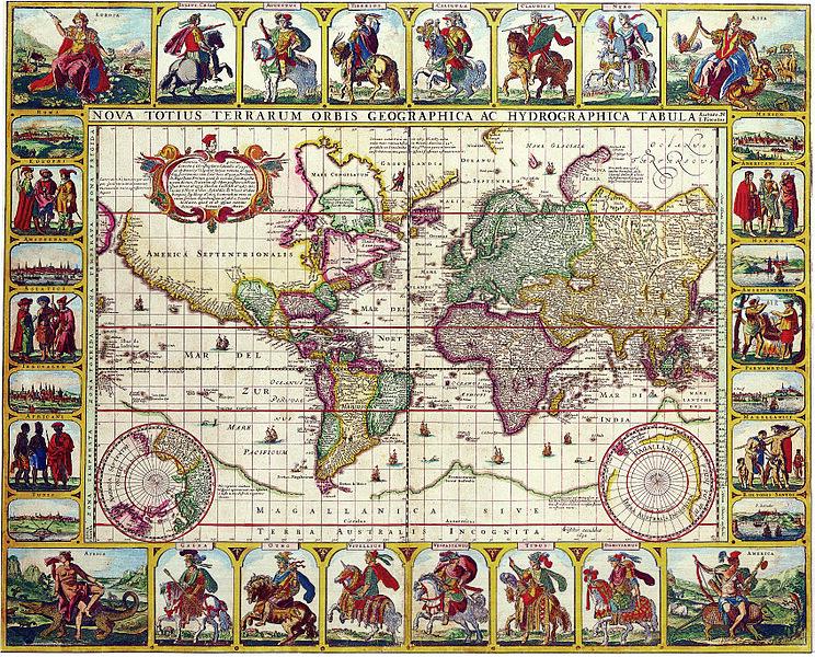 Mapa świata w 1652 r. n.e. autorstwa holenderskiego kartografa Claesa Jansz Visschera