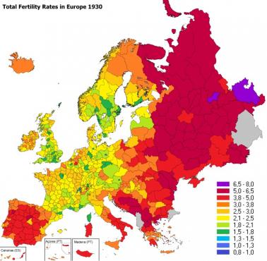 Dzietność w poszczególnych państwach europejskich, 1930