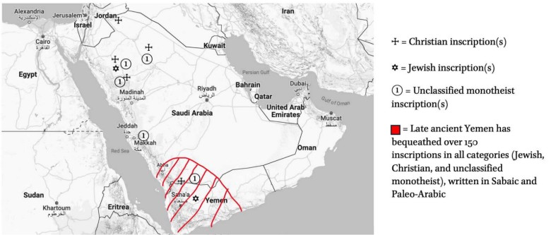 Mapa monoteistycznych inskrypcji z V i VI wieku w przedislamskiej Arabii Saudyjskiej i Jemenie