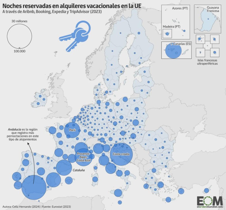 Liczba noclegów zarezerwowanych w obiektach wakacyjnych w 2023 r. (AirBnB, Expedia, Tripadvisor), Eurostat