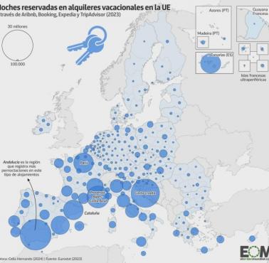 Liczba noclegów zarezerwowanych w obiektach wakacyjnych w 2023 r. (AirBnB, Expedia, Tripadvisor), Eurostat