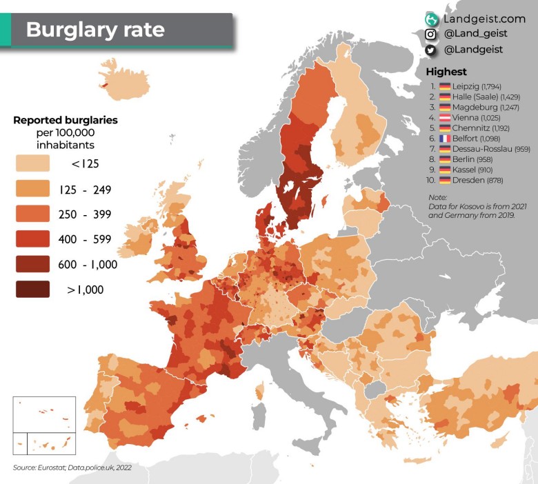Wskaźnik włamań w Europie na 100 tys. mieszkańców, 2022, Eurostat