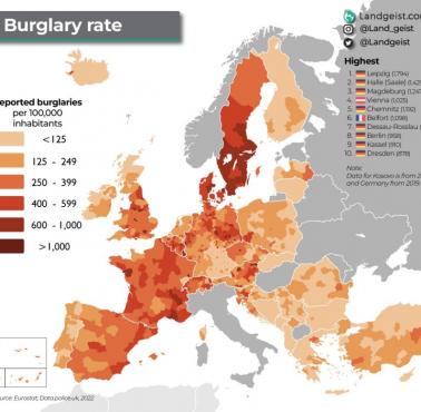 Wskaźnik włamań w Europie na 100 tys. mieszkańców, 2022, Eurostat