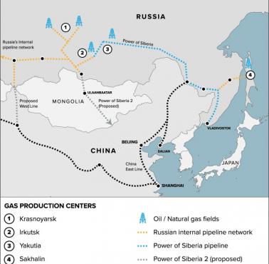 Mapa rurociągu Siła Syberii oraz proponowana Chinom Siła Syberii 2