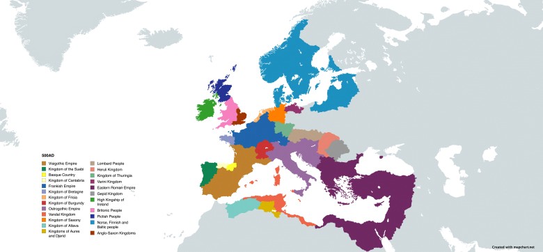 Państwa powstałe po upadku (476 rok) Imperium Rzymskiego - Zachodniego, rok 500