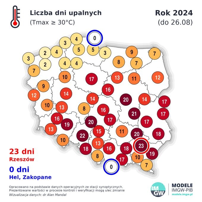 Liczba dni upalnych w Polsce, 2024
