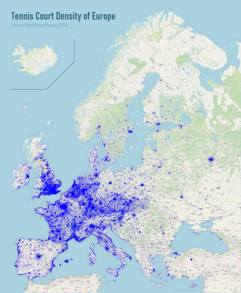 Zagęszczenie kortów tenisowych w Europie, 2024