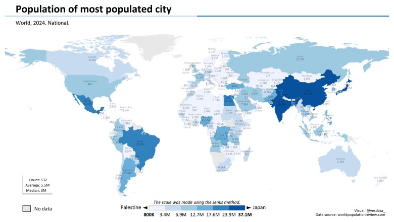 Populacja najbardziej zaludnionego miasta w każdym kraju, 2024