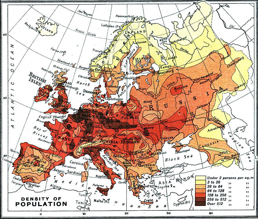 Gęstość zaludnienia Europy w 1915 roku