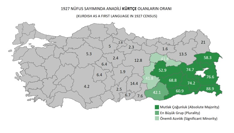 Kurdyjski jako język ojczysty według prowincji w tureckim spisie powszechnym z 1927 r.