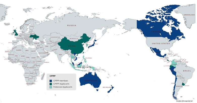 Mapa członków i kandydatów do The Comprehensive and Progressive Agreement for Trans-Pacific Partnership (CPTPP)