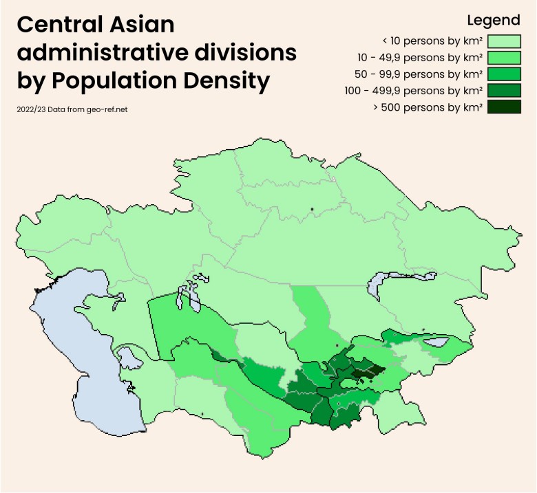 Gęstość zaludnienia w Azji Środkowej, 2022-2023