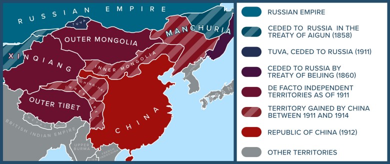 Chiny, granice historyczne na tle współczesnych. Widać obszary okupowane do dzisiaj przez Rosję
