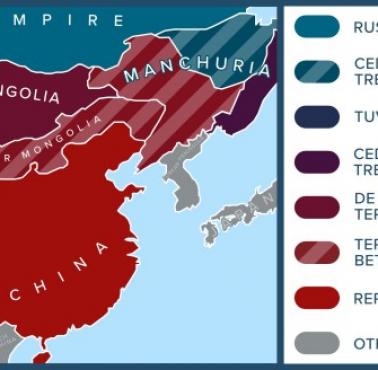 Chiny, granice historyczne na tle współczesnych. Widać obszary okupowane do dzisiaj przez Rosję